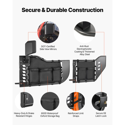 Πόρτες VEVOR Jeep Tube, 4θυρες, συμβατές με Jeep Wrangler JL 2018-2026 & Gladiator JT 2020-2026, Χαλύβδινες μπροστινές και πίσω σωληνωτές ημιθυρίδες Off Road με πιστοποιημένους πλευρικούς καθρέφτες DOT και τσάντα αποθήκευσης.