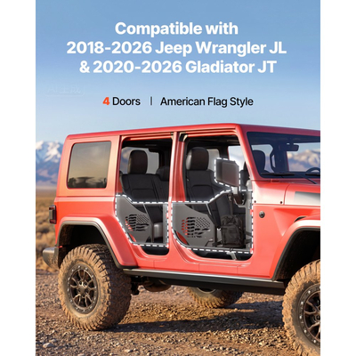 Πόρτες VEVOR Jeep Tube, 4θυρες, κατάλληλες για Jeep Wrangler JL & Gladiator JT 2018-2026, Μοτίβο σημαίας Off Road εμπρός & πίσω σωληνωτές μισές πόρτες με πιστοποιημένους πλευρικούς καθρέφτες DOT και τσάντα αποθήκευσης.