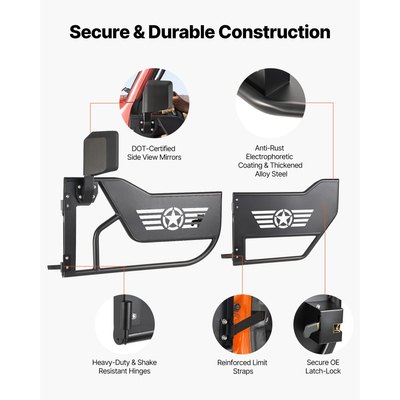 Πόρτες VEVOR Jeep Tube, 4θυρες, συμβατές με Jeep Wrangler JL JLU & Gladiator JT 4XE 2018-2026, Χαλύβδινες μπροστινές και πίσω σωληνωτές ημιθυρίδες Off Road με πιστοποιημένους πλευρικούς καθρέφτες DOT και λαστιχένια μαξιλαράκια.