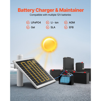 Φορτιστής μπαταρίας ηλιακού πάνελ VEVOR 20W 12V, Συντηρητής ηλιακού φορτιστή μπαταρίας με ενσωματωμένο χειριστήριο και ρυθμιζόμενη βάση στήριξης σε στύλο 0-60°, IP67 για φράχτη πύλης και γκαζόν αγροκτήματος (ταιριάζει σε στύλους 40 - 80mm)