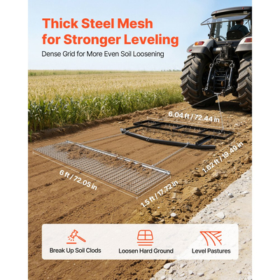 Σβάρνα VEVOR Drag Harrow, 6 ft Towbehind Driveway με Αλυσίδα, Ρυθμιζόμενο Πλάτος & Χωρητικότητα 80 Lbs, Βαρέως Τύπου Τσουγκράνα Ισοπέδωσης Γκαζόν, Ταιριάζει σε ATV, UTV και Τρακτέρ, για Χωματόδρομο