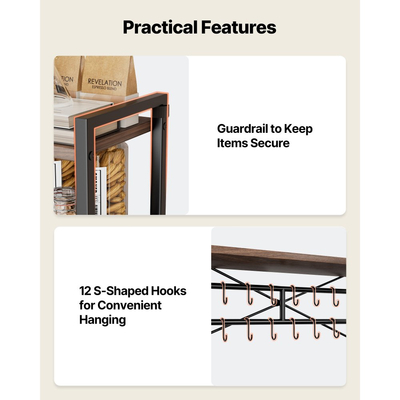 Ράφι αρτοποιίας VEVOR Kitchen Bakers, Πλάτος 800 mm, Βάση κουζίνας με ράβδο στήριξης σε σχήμα Χ, 12 γάντζοι σε σχήμα S, Διπλό επάνω ράφι, Βάση καφέ μπαρ για πιάτα και μπολ, Μπουκάλια μπαχαρικών