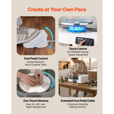Τροχός κεραμικής VEVOR για ενήλικες, Πικάπ 36 και 28 cm, Ηλεκτρικός επιτραπέζιος τροχός κεραμικής 450W με πεντάλ ποδιού, ρυθμιζόμενη ταχύτητα 30-300 σ.α.λ., Σώμα αλουμινίου, για αρχάριους, χειροτεχνία από πηλό DIY, λευκό