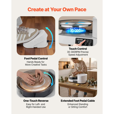 Τροχός κεραμικής VEVOR για ενήλικες, περιστρεφόμενος δίσκος αλουμινίου 28 cm, ηλεκτρικός επιτραπέζιος τροχός κεραμικής 450W με πεντάλ ποδιού, ρυθμιζόμενη ταχύτητα 30-300 σ.α.λ., σώμα αλουμινίου, για αρχάριους, χειροτεχνία από πηλό DIY, λευκό