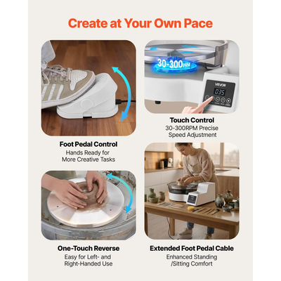 Τροχός κεραμικής VEVOR για ενήλικες, περιστρεφόμενος δίσκος αλουμινίου 28 cm, ηλεκτρικός επιτραπέζιος τροχός κεραμικής 450W με πεντάλ ποδιού, ρυθμιζόμενη ταχύτητα 30-300 σ.α.λ., αποσπώμενος νιπτήρας, για αρχάριους, χειροτεχνία από πηλό DIY, λευκό