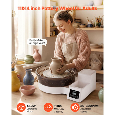 Τροχός κεραμικής VEVOR για ενήλικες, Πικάπ 36 και 28 cm, Ηλεκτρικός επιτραπέζιος τροχός κεραμικής 450W με πεντάλ ποδιού, Ρυθμιζόμενη ταχύτητα 30-300 σ.α.λ., Αποσπώμενος νιπτήρας, για αρχάριους, Χειροτεχνία από πηλό DIY, Λευκό