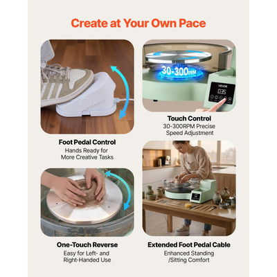Τροχός κεραμικής VEVOR για ενήλικες, Πικάπ 36 και 28 cm, Ηλεκτρικός επιτραπέζιος τροχός κεραμικής 450W με πεντάλ ποδιού, Ρυθμιζόμενη ταχύτητα 30-300 σ.α.λ., Αποσπώμενος νιπτήρας, για αρχάριους, Χειροτεχνία από πηλό DIY, Πράσινο