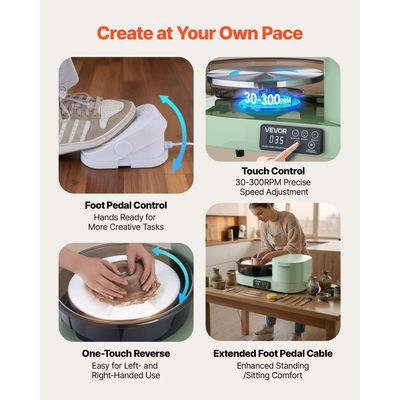 Τροχός κεραμικής VEVOR για ενήλικες, περιστρεφόμενος δίσκος αλουμινίου 28 cm, ηλεκτρικός επιτραπέζιος τροχός κεραμικής 450W με πεντάλ ποδιού, ρυθμιζόμενη ταχύτητα 30-300 σ.α.λ., σώμα αλουμινίου, για αρχάριους, χειροτεχνία από πηλό DIY, πράσινο