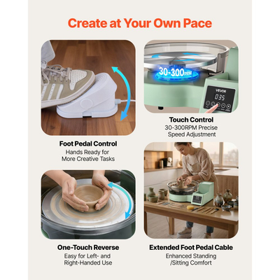 Τροχός κεραμικής VEVOR για ενήλικες, περιστρεφόμενος δίσκος αλουμινίου 28 cm, ηλεκτρικός επιτραπέζιος τροχός κεραμικής 450W με πεντάλ ποδιού, ρυθμιζόμενη ταχύτητα 30-300 σ.α.λ., αποσπώμενος νιπτήρας, για αρχάριους, χειροτεχνία από πηλό DIY, πράσινο