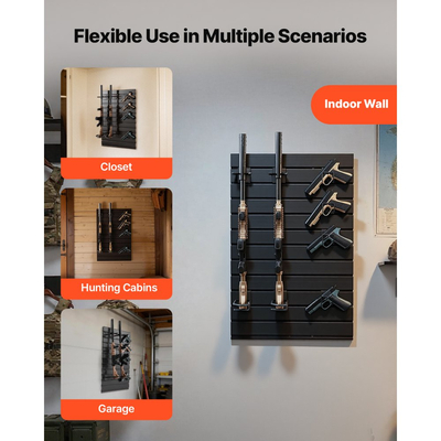 Βάση όπλων VEVOR, επιτοίχια τοποθέτηση, αποθήκευση τακτικού όπλου κυνηγετικού όπλου, βαρέως τύπου πάνελ PVC και ατσάλινες επιτοίχιες βάσεις, χωράει με ασφάλεια έως και 2 τουφέκια και 4 πιστόλια, αρθρωτή θήκη οργάνωσης αξεσουάρ εξοπλισμού όπλων