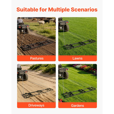 Σβάρνα VEVOR Drag Harrow, 243x50 cm, Ισοπεδωτής δρόμου με ρυθμιζόμενο πλάτος και χωρητικότητα φορτίου 50 λίβρες, Ισοπεδωτική τσουγκράνα βαρέως τύπου, Φρένο δρόμου με χαλίκι από γαλβανισμένο χάλυβα, Κατάλληλο για ATV, UTV και τρακτέρ