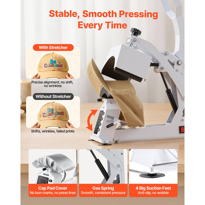 Θερμική Πρέσα για Καπέλα VEVOR, Μεγάλη Πλάκα Θέρμανσης 215 x 100 mm, με Τεντωτήρα Καπελιών, Ακριβής Έλεγχος Θερμοκρασίας & Χρόνου, Θερμική Πρέσα για Καπέλα και Σκούφοι, για Έργα Σιδερώματος και Εξάχνωσης HTV, Λευκό