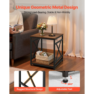 Τραπεζάκι σαλονιού VEVOR, τετράγωνο βοηθητικό τραπέζι 2 επιπέδων με ανοιχτά ράφια αποθήκευσης, μοντέρνο κομοδίνο με μεταλλικό σκελετό X-Design, ξύλινος καναπές-καφέ για σαλόνι, υπνοδωμάτιο, γραφείο, κοιτώνα, καφέ