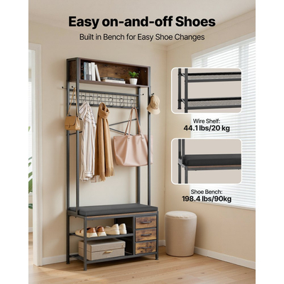VEVOR Hall Tree, Ράφι Παλτών 1800 mm με Πάγκο Παπουτσιών & 3 Συρτάρια, Ανεξάρτητος Οργανωτής Παπουτσιών 3 σε 1 με Βιβλιοθήκη & Συρμάτινο Ράφι, Θήκη Παλτών Εισόδου από Ατσάλι για Είσοδο, Υπνοδωμάτιο, Ντουλάπα