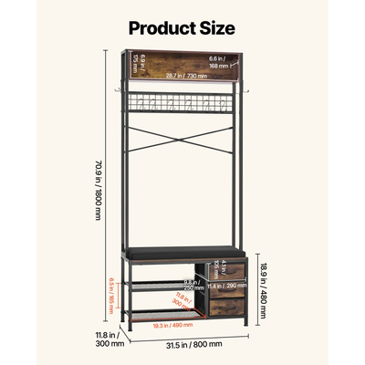 VEVOR Hall Tree, Ράφι Παλτών 1800 mm με Πάγκο Παπουτσιών & 3 Συρτάρια, Ανεξάρτητος Οργανωτής Παπουτσιών 3 σε 1 με Βιβλιοθήκη & Συρμάτινο Ράφι, Θήκη Παλτών Εισόδου από Ατσάλι για Είσοδο, Υπνοδωμάτιο, Ντουλάπα