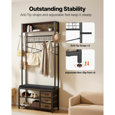VEVOR Hall Tree, Ράφι Παλτών 1800 mm με Πάγκο Παπουτσιών & 3 Συρτάρια, Ανεξάρτητος Οργανωτής Παπουτσιών 3 σε 1 με Βιβλιοθήκη & Συρμάτινο Ράφι, Θήκη Παλτών Εισόδου από Ατσάλι για Είσοδο, Υπνοδωμάτιο, Ντουλάπα