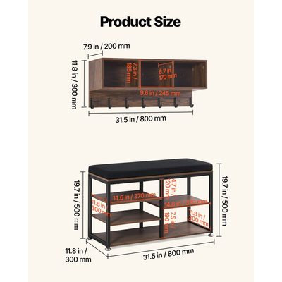 VEVOR Ράφι Παλτών με Πάγκο Παπουτσιών, Σετ Ραφιών Παλτών 3 σε 1 με Γάντζους και Βιβλιοθήκη, Θήκη Οργανωτή Αποθήκευσης για Είσοδο σε Δέντρο από Ατσάλι, Υπνοδωμάτιο, Ντουλάπα, Γραφείο, Ρουστίκ Καφέ