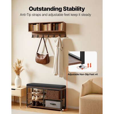 VEVOR Ράφι Παλτών με Πάγκο Παπουτσιών, Σετ Ραφιών Παλτών 3 σε 1 με Γάντζους και Βιβλιοθήκη, Θήκη Οργανωτή Αποθήκευσης για Είσοδο σε Δέντρο από Ατσάλι, Υπνοδωμάτιο, Ντουλάπα, Γραφείο, Ρουστίκ Καφέ