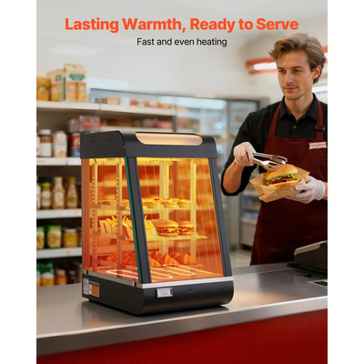 Θερμαντήρας φαγητού VEVOR 3 επιπέδων, θερμαντήρας φαγητού 800W με φως LED, αποθηκευτικό χώρο στο πάνω μέρος και ρυθμιζόμενα ράφια, θέρμανση με ατμό 30–85°C, 60 Qt /57L για χάμπουργκερ, πίτσα, ψωμί, τηγανητό κοτόπουλο