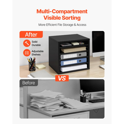 Οργανωτής Βιβλιογραφίας VEVOR, Γραμματοκιβώτιο Γραφείου 5 Διαμερισμάτων με Ρυθμιζόμενα Ράφια, Ξύλινος Ταξινομητής Γραμματοκιβωτίων με MDF, Οργανωτής Αποθήκευσης Γραφείου για Αρχεία, Έγγραφα, Χαρτί, Μαύρο