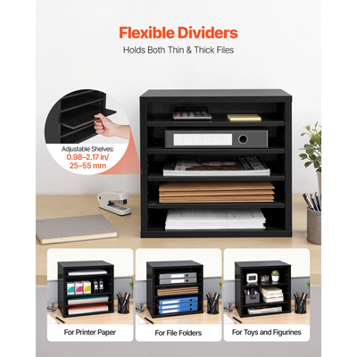 Οργανωτής Βιβλιογραφίας VEVOR, Γραμματοκιβώτιο Γραφείου 5 Διαμερισμάτων με Ρυθμιζόμενα Ράφια, Ξύλινος Ταξινομητής Γραμματοκιβωτίων με MDF, Οργανωτής Αποθήκευσης Γραφείου για Αρχεία, Έγγραφα, Χαρτί, Μαύρο