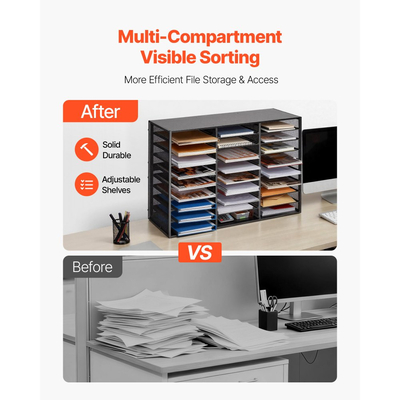 Οργανωτής Λογοτεχνίας VEVOR, Μεταλλικό Γραμματοκιβώτιο Γραφείου 27 Διαμερισμάτων με Αποσπώμενο Συρματόπλεγμα, Ταξινομητής Γραμματοκιβωτίων με Ξύλινη Επιφάνεια, Οργανωτής Αποθήκευσης Γραφείου σε Πάγκο για Αρχεία, Έγγραφα, Χαρτί, Μαύρο