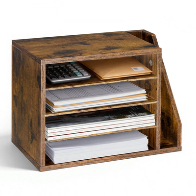 Οργανωτής Βιβλίων VEVOR, Γραμματοκιβώτιο Γραφείου 4 Διαμερισμάτων με Αποσπώμενα Ράφια, Ξύλινος Ταξινομητής Γραμματοκιβωτίων με Πλαϊνή Κάθετη Αποθήκευση, Οργανωτής Γραφείου για Αρχεία, Έγγραφα, Χαρτί, Καφέ