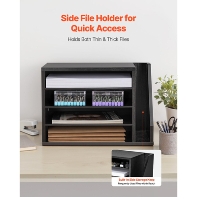 Οργανωτής Βιβλίων VEVOR, Γραμματοκιβώτιο Γραφείου 4 Διαμερισμάτων με Αποσπώμενα Ράφια, Ξύλινος Ταξινομητής Γραμματοκιβωτίων με Πλαϊνή Κάθετη Αποθήκευση, Οργανωτής Γραφείου για Αρχεία, Έγγραφα, Χαρτί, Μαύρο