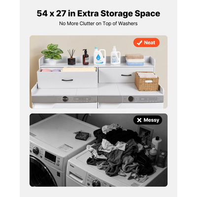 Πάγκος Πλυντηρίου-Στεγνωτηρίου VEVOR με Ράφι, Ξύλινο Επικάλυμμα Πλυντηρίου-Στεγνωτηρίου 137 x 69,9 cm με 2 Συρτάρια & Γάντζους, Επικάλυμμα Πλυντηρίου Ρούχων για Ντουλάπα Πλυντηρίου, Οργάνωση και Αποθήκευση Πάγκου Ντουλάπας, Λευκό