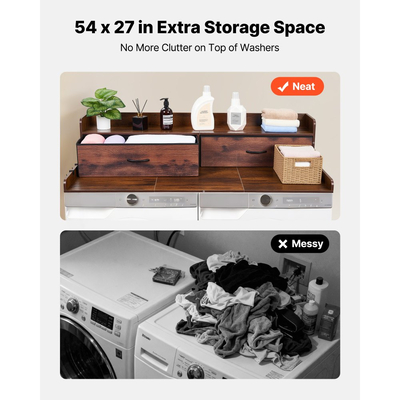 Πάγκος Πλυντηρίου-Στεγνωτηρίου VEVOR με Ράφι, Ξύλινο Επικάλυμμα Πλυντηρίου-Στεγνωτηρίου 137 x 69,9 cm με 2 Συρτάρια & Γάντζους, Επικάλυμμα Πλυντηρίου Ρούχων για Ντουλάπα Πλυντηρίου, Οργάνωση και Αποθήκευση Πάγκου Ντουλάπας, Καφέ