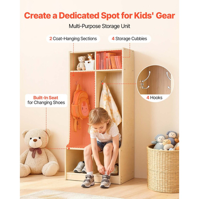 VEVOR Παιδική Ντουλάπα Ρούχων 2 Τμημάτων, Ξύλινη Οργάνωση Αποθήκευσης Ντουλαπιού για Νήπια με 4 Γάντζους & Κιτ Αντιανατροπής, Μοντέρνες Παιδικές Ντουλάπες Ρούχων με 4 Μικρά Ανοιχτά Κουτιά Αποθήκευσης για Σπίτι, Νηπιαγωγείο, Παιδικό Σταθμό, Φυσικό