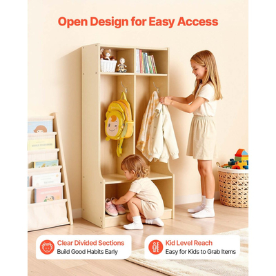 VEVOR Παιδική Ντουλάπα Ρούχων 2 Τμημάτων, Ξύλινη Οργάνωση Αποθήκευσης Ντουλαπιού για Νήπια με 4 Γάντζους & Κιτ Αντιανατροπής, Μοντέρνες Παιδικές Ντουλάπες Ρούχων με 4 Μικρά Ανοιχτά Κουτιά Αποθήκευσης για Σπίτι, Νηπιαγωγείο, Παιδικό Σταθμό, Φυσικό