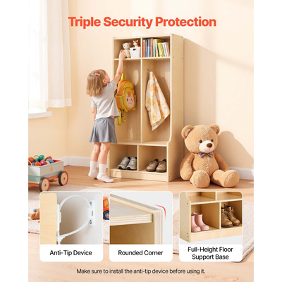VEVOR Παιδική Ντουλάπα Ρούχων 2 Τμημάτων, Ξύλινη Οργάνωση Αποθήκευσης Ντουλαπιού για Νήπια με 4 Γάντζους & Κιτ Αντιανατροπής, Μοντέρνες Παιδικές Ντουλάπες Ρούχων με 4 Μικρά Ανοιχτά Κουτιά Αποθήκευσης για Σπίτι, Νηπιαγωγείο, Παιδικό Σταθμό, Φυσικό