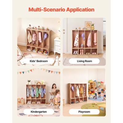 VEVOR Παιδική Ντουλάπα Ρούχων 4 Τμημάτων, Ξύλινη Ντουλάπα Αποθήκευσης για Νήπια με 8 Γάντζους & Αντιολισθητικό Χαλί, Μοντέρνες Παιδικές Ντουλάπες Ρούχων με 4 Μικρά Ανοιχτά Κουτιά Αποθήκευσης για Σπίτι, Νηπιαγωγείο, Παιδικό Σταθμό, Φυσικό