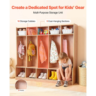 VEVOR Παιδική Ντουλάπα Ρούχων 5 Τμημάτων, Ξύλινη Ντουλάπα Αποθήκευσης για Νήπια με 10 Γάντζους & Αντιολισθητικό Χαλί, Μοντέρνες Παιδικές Ντουλάπες Ρούχων με 10 Μικρά Ανοιχτά Κουτιά Αποθήκευσης για Σπίτι, Νηπιαγωγείο, Παιδικό Σταθμό, Φυσικό