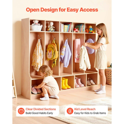 VEVOR Παιδική Ντουλάπα Ρούχων 5 Τμημάτων, Ξύλινη Ντουλάπα Αποθήκευσης για Νήπια με 10 Γάντζους & Αντιολισθητικό Χαλί, Μοντέρνες Παιδικές Ντουλάπες Ρούχων με 10 Μικρά Ανοιχτά Κουτιά Αποθήκευσης για Σπίτι, Νηπιαγωγείο, Παιδικό Σταθμό, Φυσικό