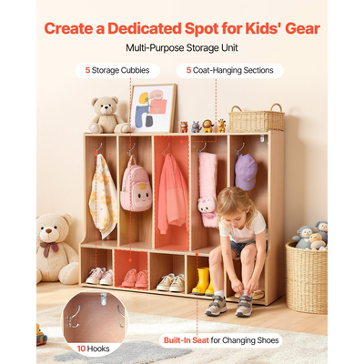 VEVOR Παιδική Ντουλάπα Ρούχων 5 Τμημάτων, Ξύλινη Ντουλάπα Αποθήκευσης για Νήπια με 10 Γάντζους & Αντιολισθητικό Χαλί, Μοντέρνες Παιδικές Ντουλάπες Ρούχων με 5 Μικρά Ανοιχτά Κουτιά Αποθήκευσης για Σπίτι, Νηπιαγωγείο, Παιδικό Σταθμό, Φυσικό