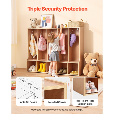 VEVOR Παιδική Ντουλάπα Ρούχων 5 Τμημάτων, Ξύλινη Ντουλάπα Αποθήκευσης για Νήπια με 10 Γάντζους & Αντιολισθητικό Χαλί, Μοντέρνες Παιδικές Ντουλάπες Ρούχων με 5 Μικρά Ανοιχτά Κουτιά Αποθήκευσης για Σπίτι, Νηπιαγωγείο, Παιδικό Σταθμό, Φυσικό
