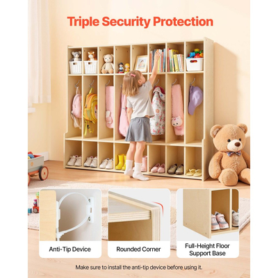 VEVOR Παιδική Ντουλάπα Ρούχων 8 Τμημάτων, Ξύλινη Οργάνωση Αποθήκευσης Ρούχων για Νήπια με 16 Γάντζους & Κιτ Αντιανατροπής, Μοντέρνες Παιδικές Ντουλάπες Ρούχων με 16 Μικρά Ανοιχτά Κουτιά Αποθήκευσης για Σπίτι, Νηπιαγωγείο, Παιδικό Σταθμό, Φυσικό