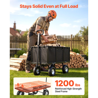Καρότσι κήπου VEVOR, 544,3 kg, Χειροκίνητο καρότσι βαρέως τύπου από χάλυβα, Καρότσι μεταφοράς εξωτερικού χώρου με ελαστικά 10 ιντσών, Ρυθμιζόμενη λαβή, Αποσπώμενα πλαϊνά πάνελ, Σύνδεση σε ATV ή τρακτέρ, Μαύρο