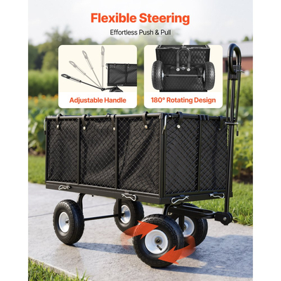 Καρότσι κήπου VEVOR, 544,3 kg, Χειροκίνητο καρότσι βαρέως τύπου από χάλυβα, Καρότσι μεταφοράς εξωτερικού χώρου με ελαστικά 10 ιντσών, Ρυθμιζόμενη λαβή, Αποσπώμενα πλαϊνά πάνελ, Σύνδεση σε ATV ή τρακτέρ, Μαύρο