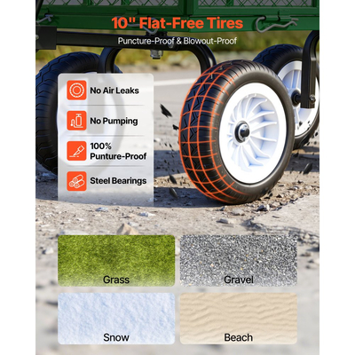 Καρότσι κήπου VEVOR, 408,2 kg, Βαρύ χαλύβδινο καρότσι κήπου και βοηθητικού εξοπλισμού με ελαστικά 10 ιντσών, Σκαμπό κηπουρικής εξωτερικού χώρου με ρυθμιζόμενη λαβή, Αποσπώμενα πλαϊνά πάνελ, Σύνδεση σε ATV ή τρακτέρ, Πράσινο