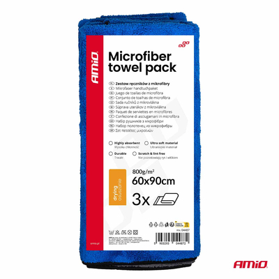 Amio – Πανιά Στεγνώματος Μικροϊνών 60x90cm 800GSM για Γρήγορο Στέγνωμα & Χωρίς Γρατζουνιές – Σετ 3 Τεμ. (04487/AM)