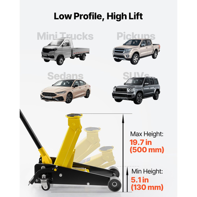 Γρύλος δαπέδου χαμηλού προφίλ VEVOR, χωρητικότητας 3 τόνων, ατσάλινος αγωνιστικός γρύλος δαπέδου με αντλία γρήγορης ανύψωσης μονού εμβόλου και ποδοκίνητο πεντάλ, υδραυλικός ανυψωτήρας τρόλεϊ για sedan, SUV, φορτηγάκια, εύρος ανύψωσης 130-500 mm