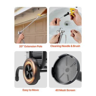 Ψεκαστήρας βαφής χωρίς αέρα VEVOR με διάφραγμα, αποδοτικός ψεκαστήρας βαφής χωρίς αέρα 1100 W με καρότσι, υψηλής πίεσης 2200 psi, με πόλο επέκτασης, βελόνα καθαρισμού και βούρτσα, για ψεκασμό εσωτερικού και εξωτερικού χώρου στο σπίτι