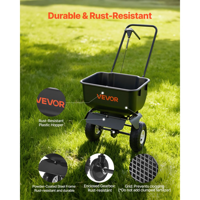 Διανομέας γκαζόν VEVOR με ώθηση, πλάτος διασποράς 3,6 m, διασπορέας με δυνατότητα φορτίου 36,3 kg και ελαστικά παντός εδάφους 10 in, διασπορείς γκαζόν με πεζοδρόμιο για λίπασμα σπόρων, λιωμένο αλατισμένο πάγο