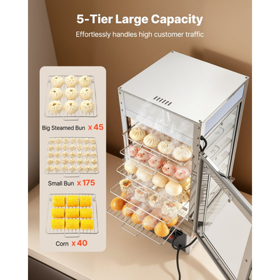 Θερμαντήρας φαγητού VEVOR 5 επιπέδων, Θερμαντήρας φαγητού 1200W με φως LED, ρυθμιζόμενο ράφι και πλαίσιο από ανοξείδωτο ατσάλι, θέρμανση με ατμό 30℃~110℃, 120L για χάμπουργκερ, πίτσα, ψωμί, τηγανητό κοτόπουλο