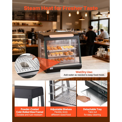 Θερμαντήρας φαγητού VEVOR 3 επιπέδων, 1200W με φωτισμό LED, αποθηκευτικό χώρο στο πάνω μέρος και ρυθμιζόμενα ράφια, θέρμανση με ατμό 30-85℃, 106Qt/100L για χάμπουργκερ, πίτσα, ψωμί, τηγανητό κοτόπουλο