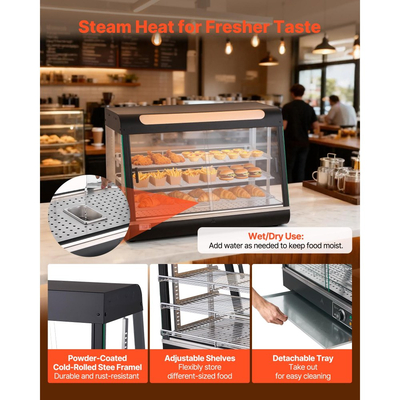 Θερμαντήρας φαγητού VEVOR 3 επιπέδων, 1400W με φωτισμό LED, αποθηκευτικό χώρο στο πάνω μέρος και ρυθμιζόμενα ράφια, θέρμανση με ατμό 30-85℃, 137Qt/130L για χάμπουργκερ, πίτσα, ψωμί, τηγανητό κοτόπουλο