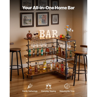 Μονάδα Μπαρ VEVOR Home, Τραπεζάκι Μπαρ Κρασιού σε Σχήμα L, 3 Επίπεδα με Ράφια Αποθήκευσης, Ρυθμιζόμενα Υποπόδια, Φωτιστικό LED, Φινίρισμα Καρυδιάς & Μεταλλικό Σκελετό Ντουλάπι Ποτών για Σπίτι, Κουζίνα, Σαλόνι, Παμπ, Υπόγειο